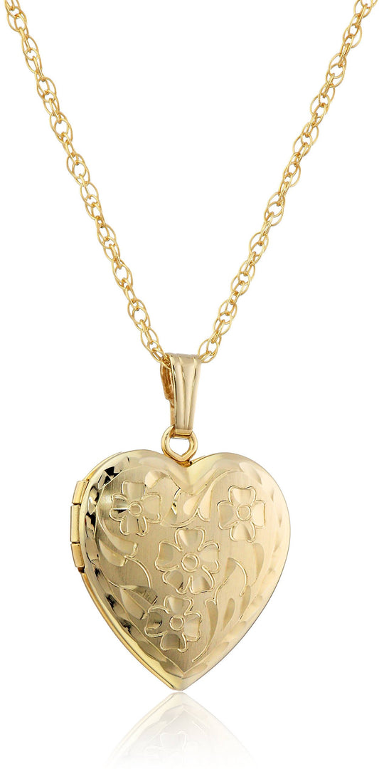 14k Yellow Gold-Filled Engraved Flowers Heart Locket, 18